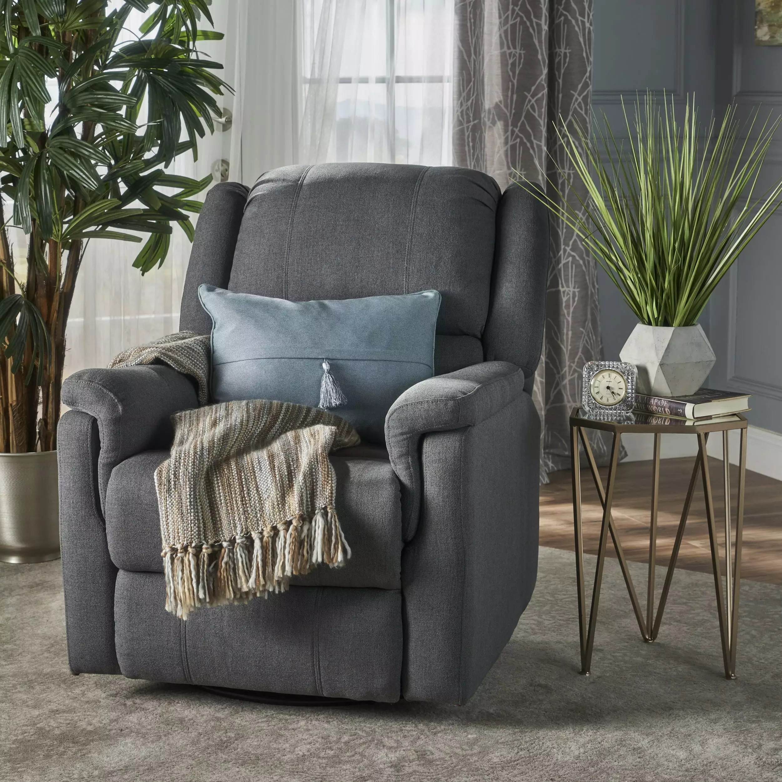 DeeHome Charcoal Fabric Glider Recliner Swivel Manual Reclining Chair