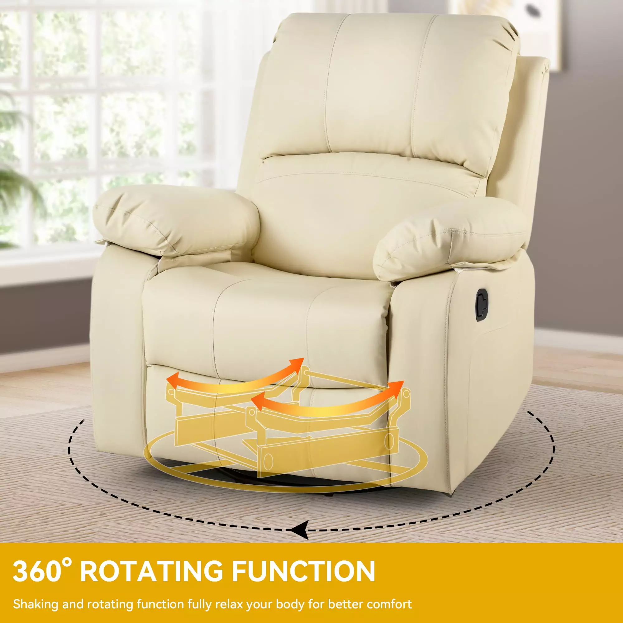 Dextrus Swivel Glider Rocker Recliner Modern Home Theater Seating Beige Soft Leather