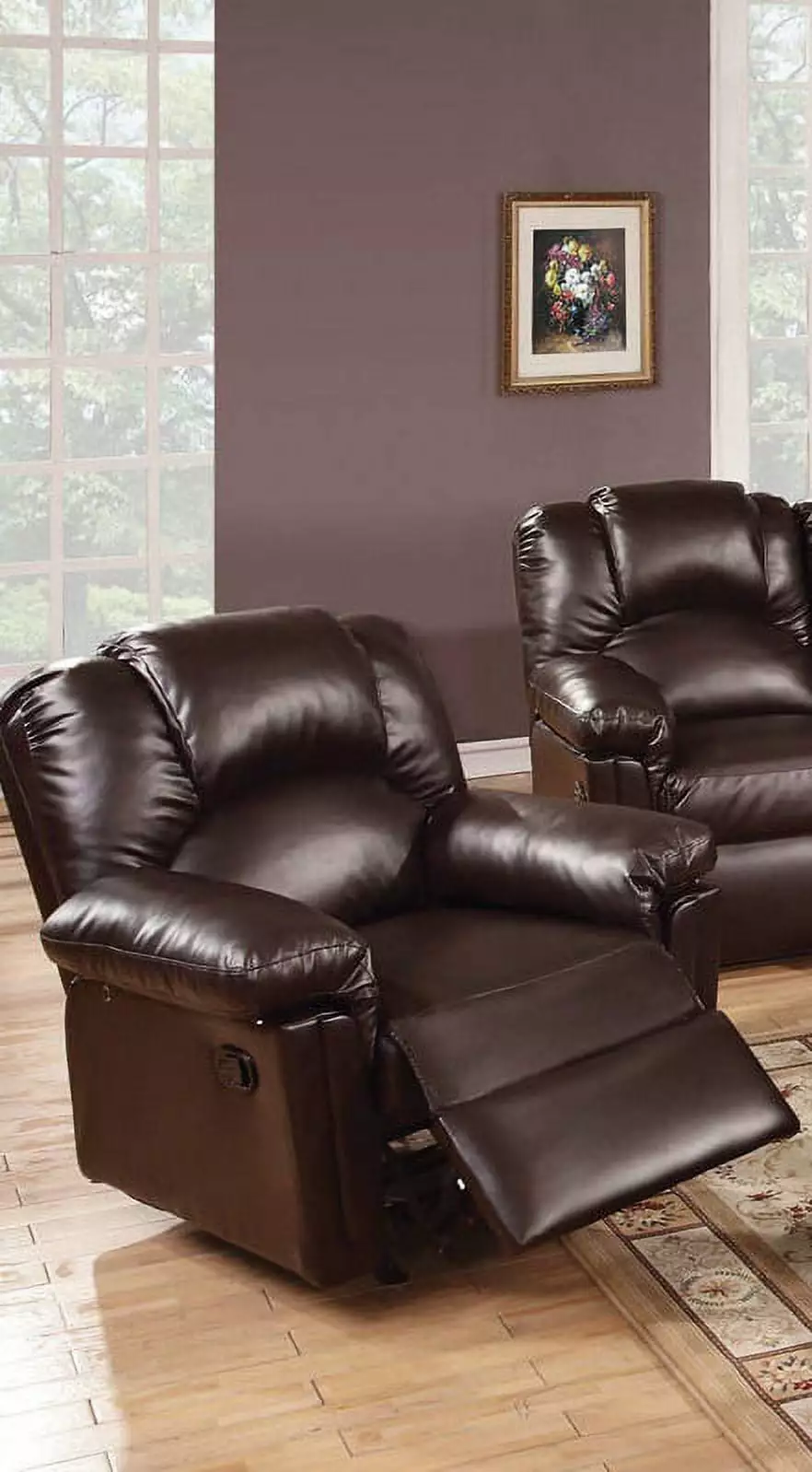 Motion Recliner Glider Couch Brown Bonded Leather Metal Reclining Mechanism and Pine Wood Frame Ghislaine