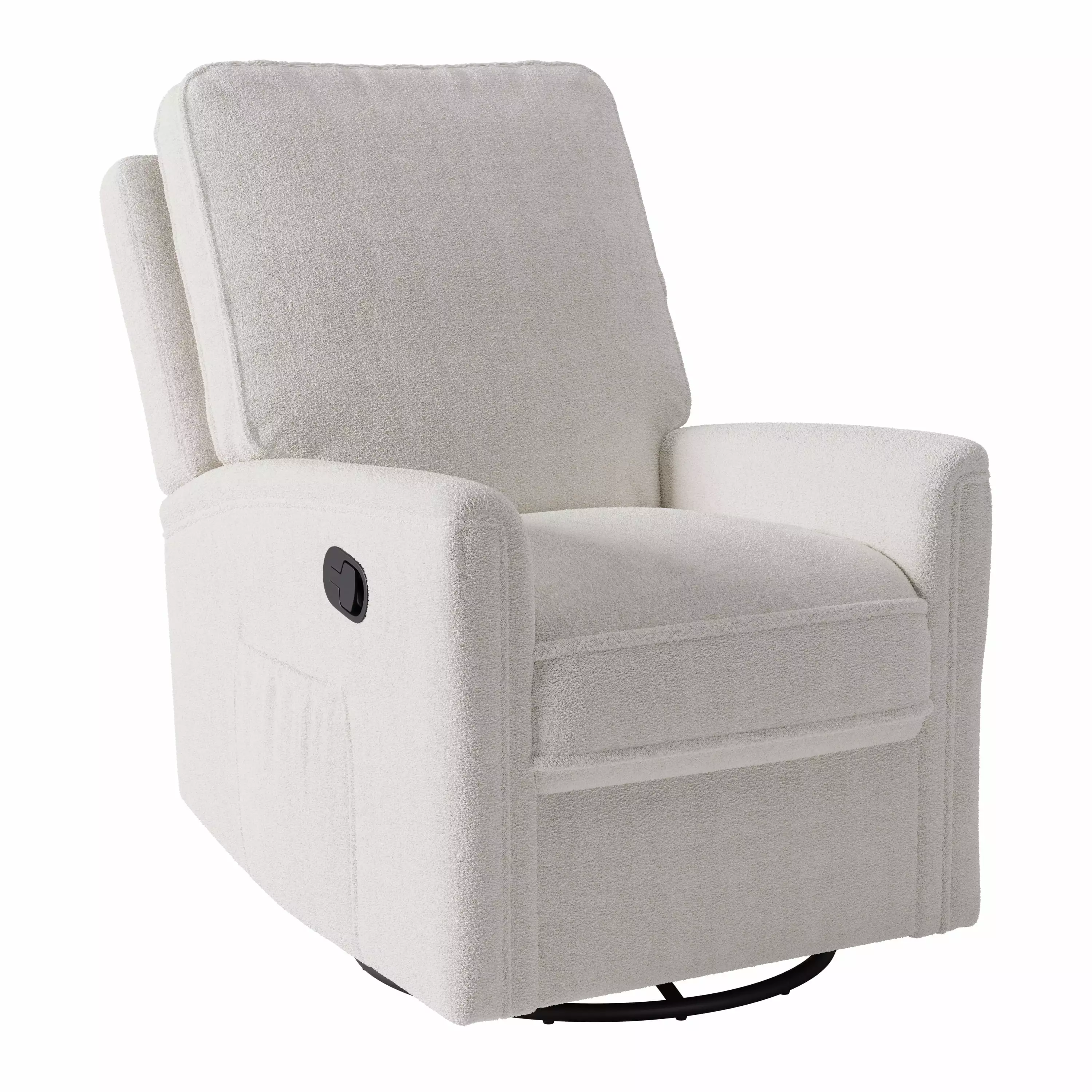 Kris Alley Elysian White Boucle Fabric Upholstered Plush Glider Swivel Manual Recliner Side Pocket - Modern Glider Recline...