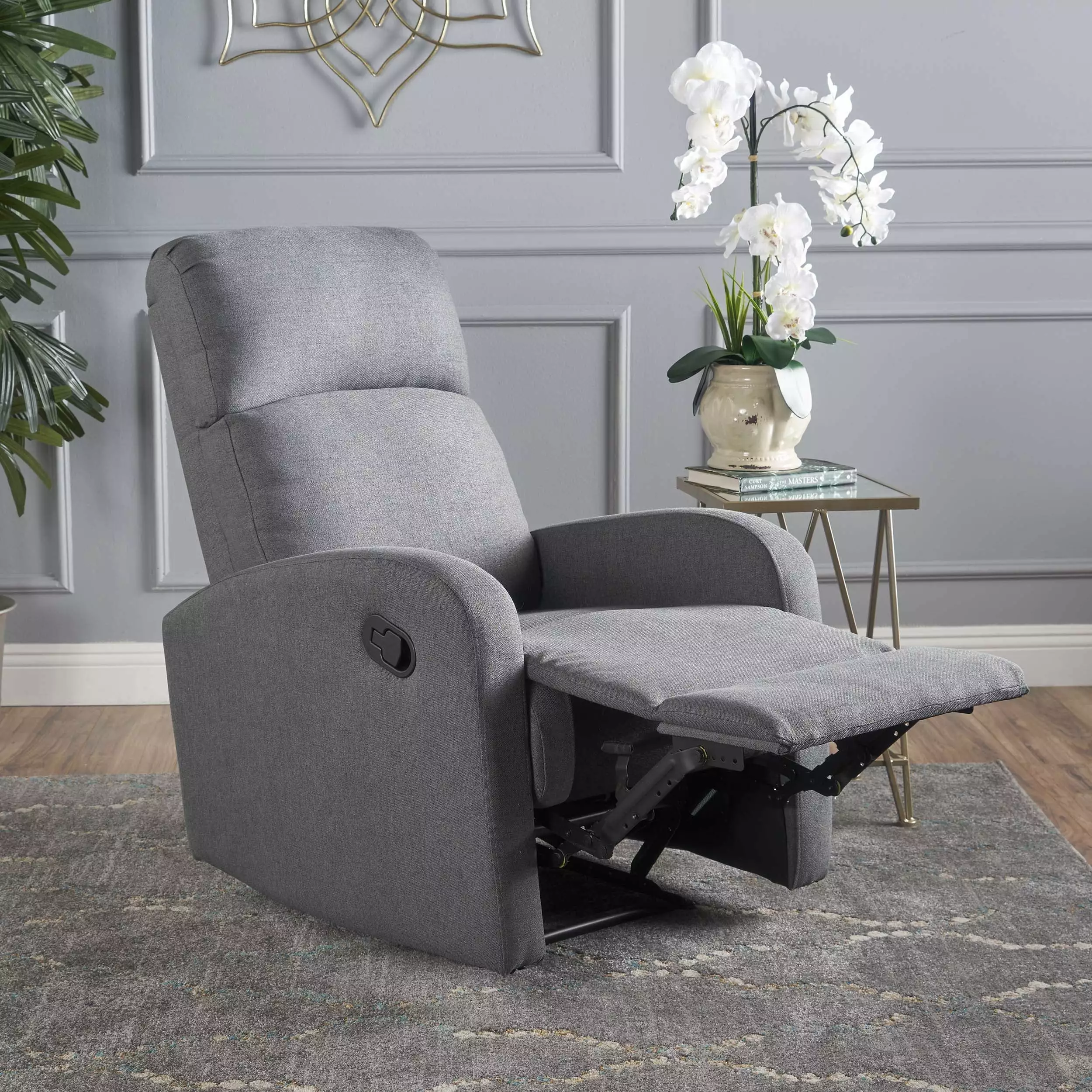 Noble House Gina Standard Gliding Fabric Recliner Charcoal Living Room Chair