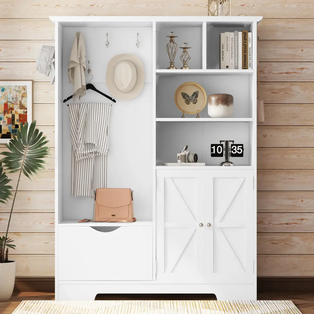 Multi Practical Hall Tree Storage Shelves, Drawers and Cabinet magic more