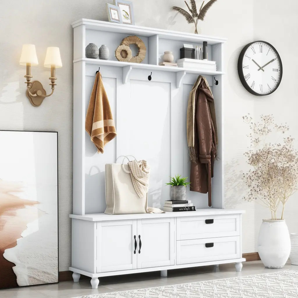 Modern Hall Tree Storage Cabinet and 2 Large Drawers Wide Entryways on-trend