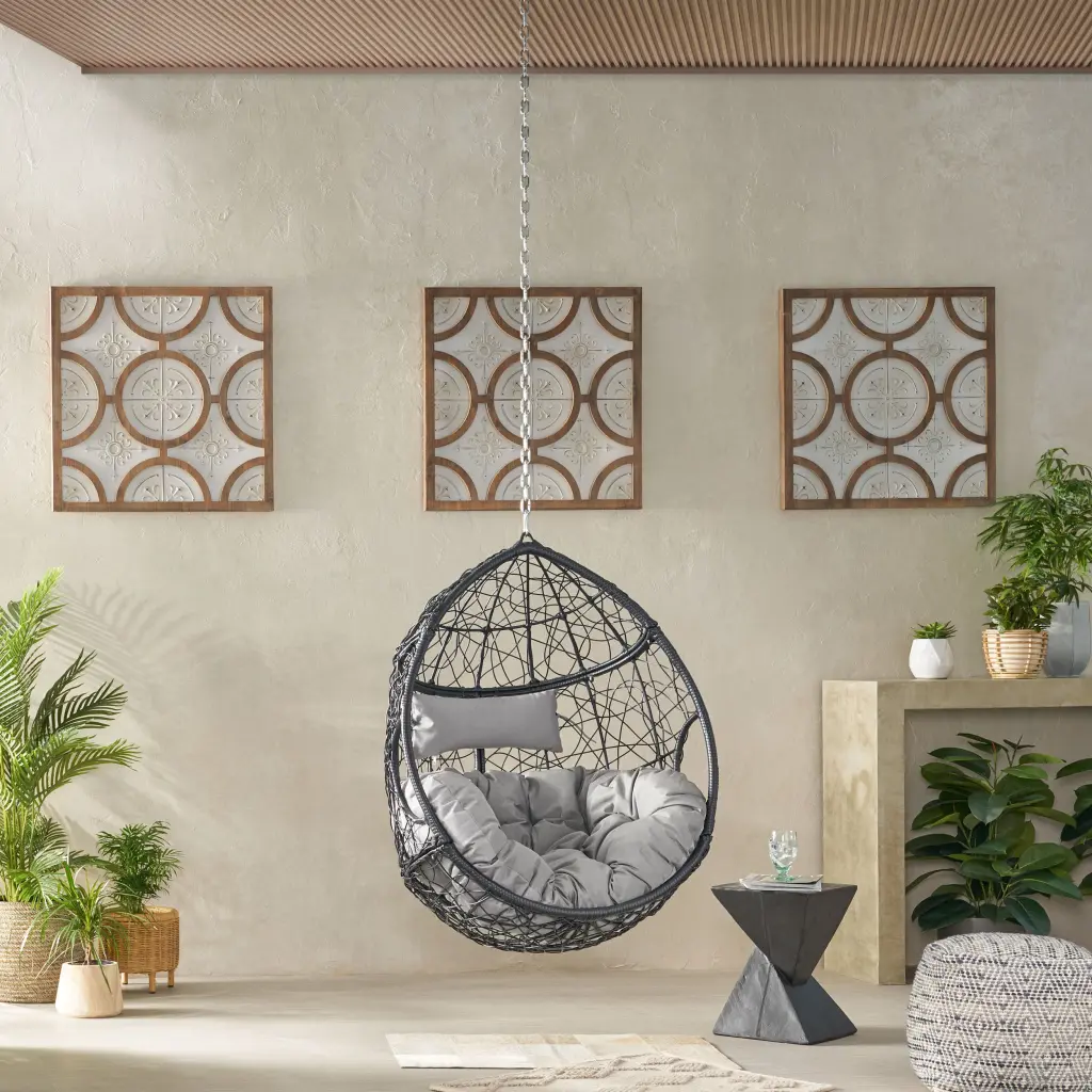 Castaic Hanging Chair 8Ft Chain Grey Black PE Rattan and Iron nh-perfect home