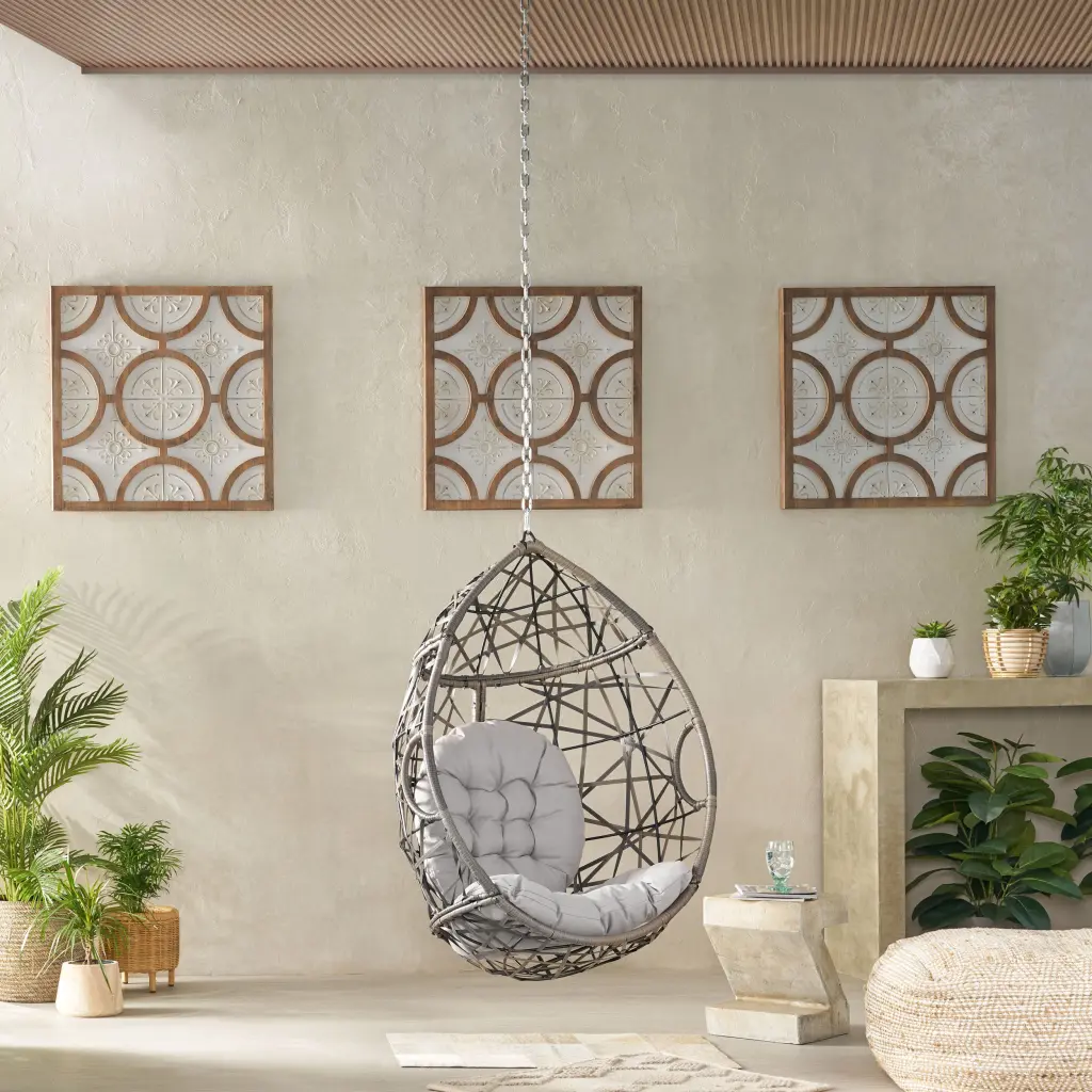 Los Alamitos Hanging Chair 8Ft Chain, Grey PE Rattan and Iron Frame, Waterproof nh-purenest