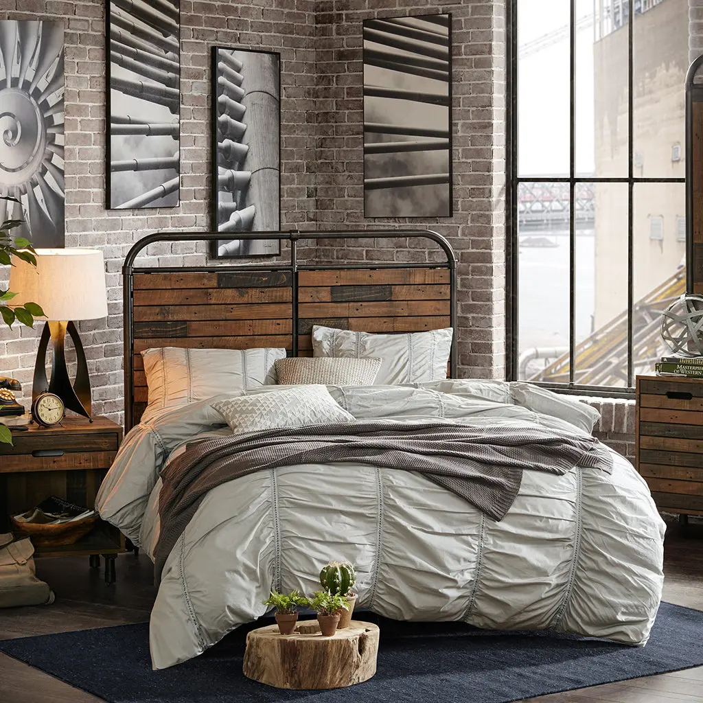 Renu Queen Headboard Light Brown Multi Gun Metal Wood Frame jla