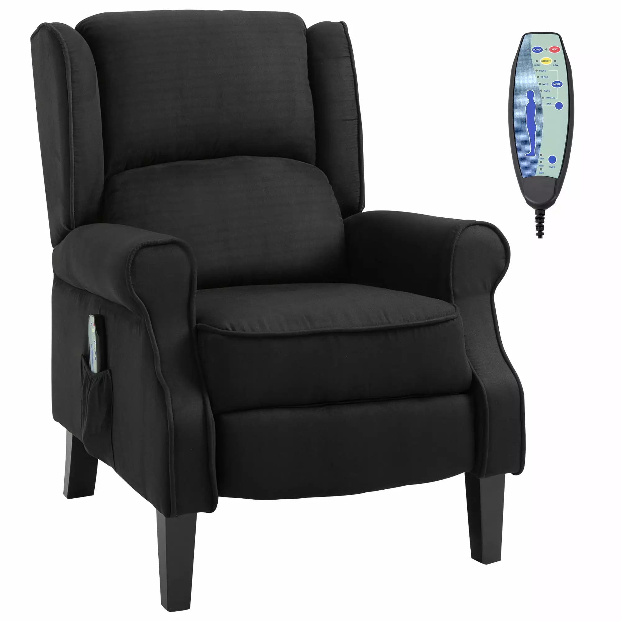 Wingback Heated Vibrating Massage Chair Accent Sofa Vintage Upholstered Push-Back Recliner Remote Controller Black Jamini
