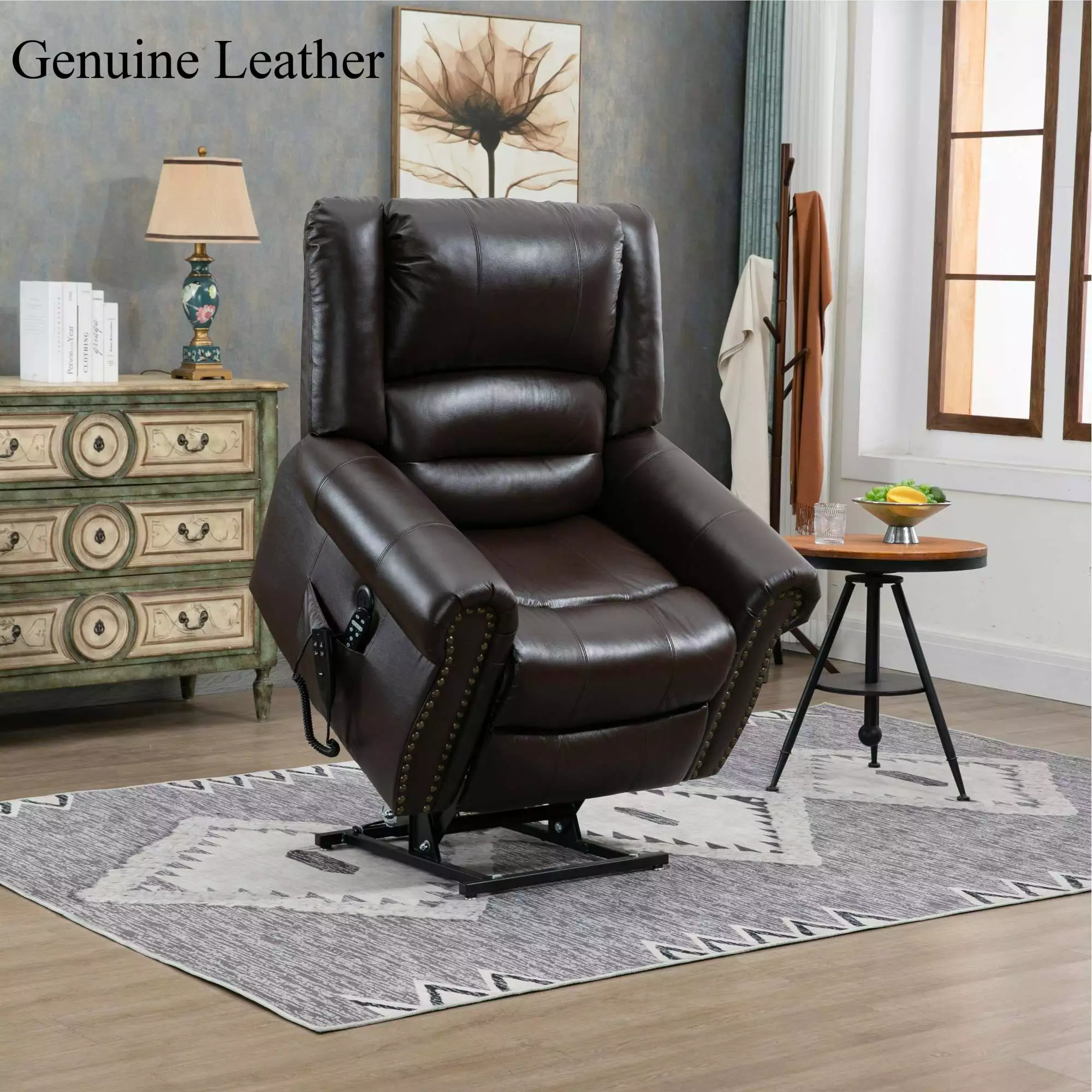 Power Lift Recliner Chair Heat Massage Dual Motor Genuine Leather Heavy Duty Up to 350 Lbs ANTFURN
