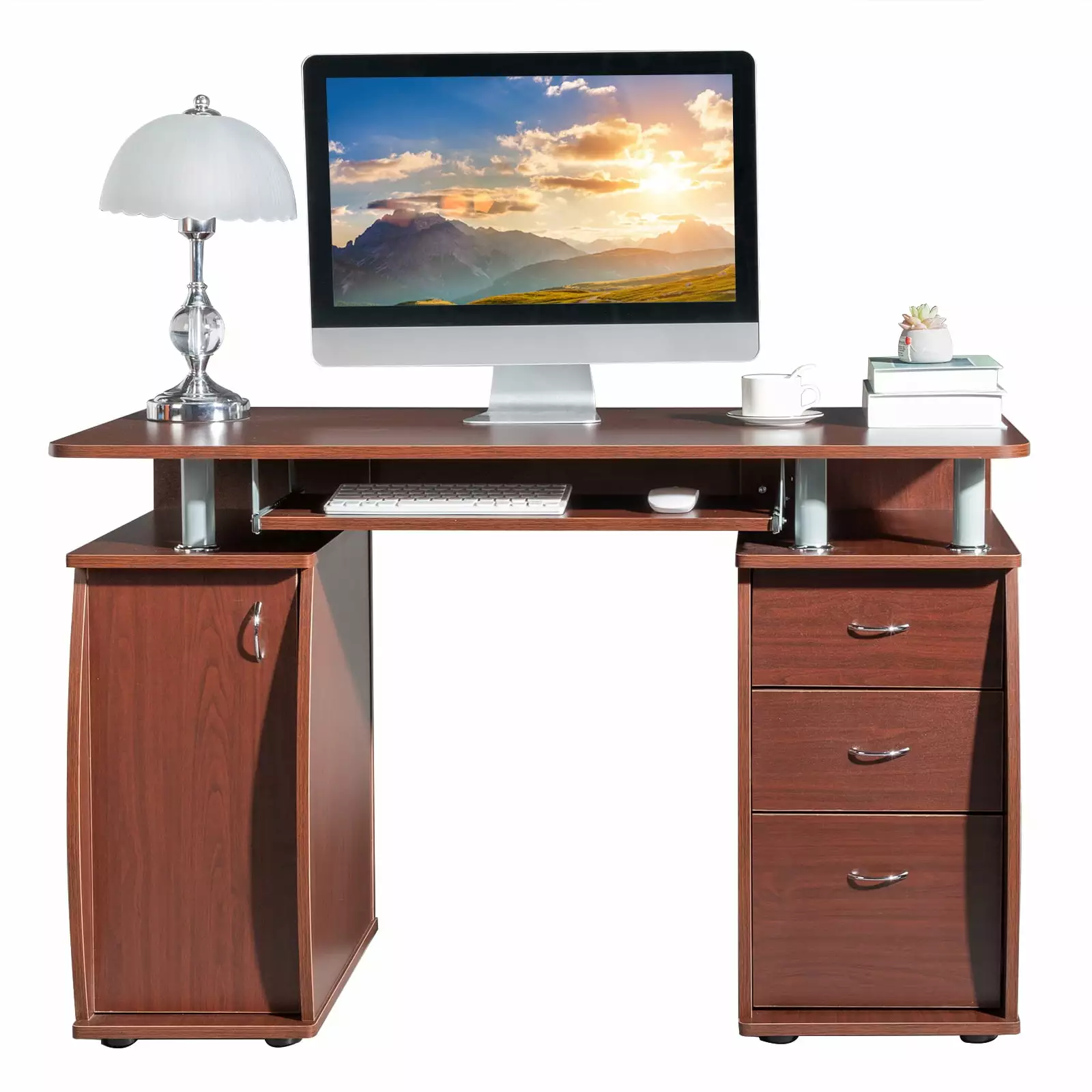 IVV Home Office Computer Desk Keyboard Tray 3 Drawers 1 Door Cabinet Wooden Work Station Table Classic Laptop Desk Coffee