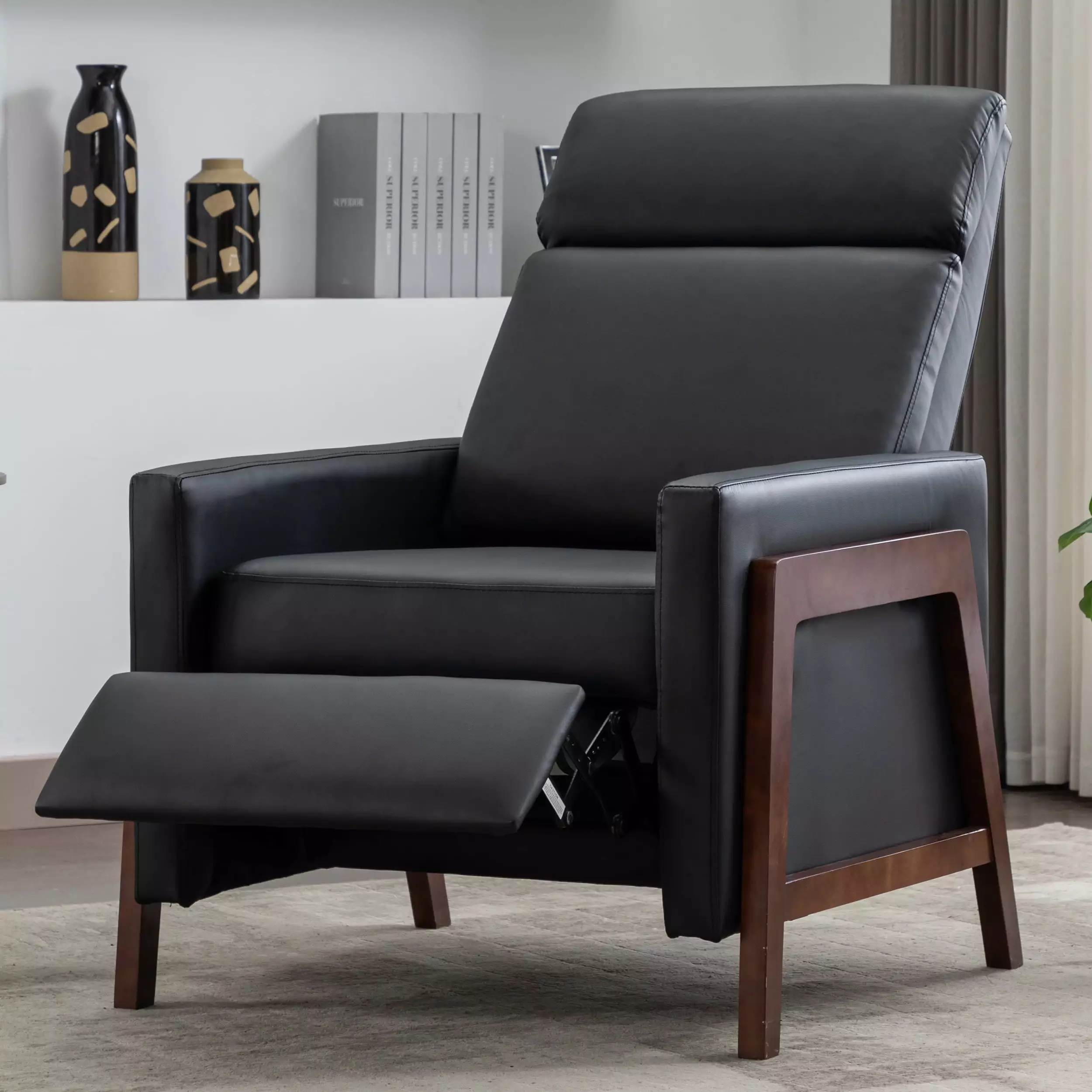 Wood-Framed PU Leather Recliner Chair Thick Cushion Adjustable Home Theater Seating Black Jamini