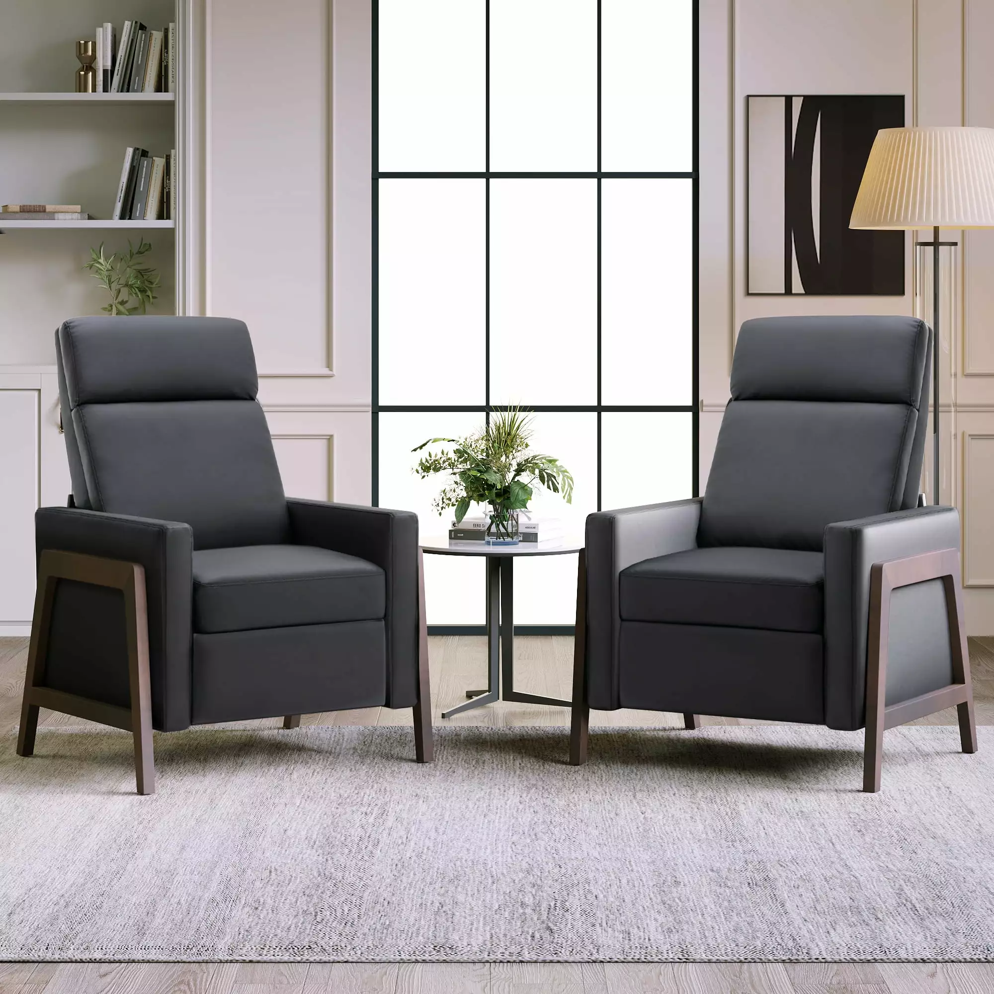 Miekor Furniture Set Two Wood-Framed PU Leather Recliner Chairs Adjustable Home Theater Seating Black