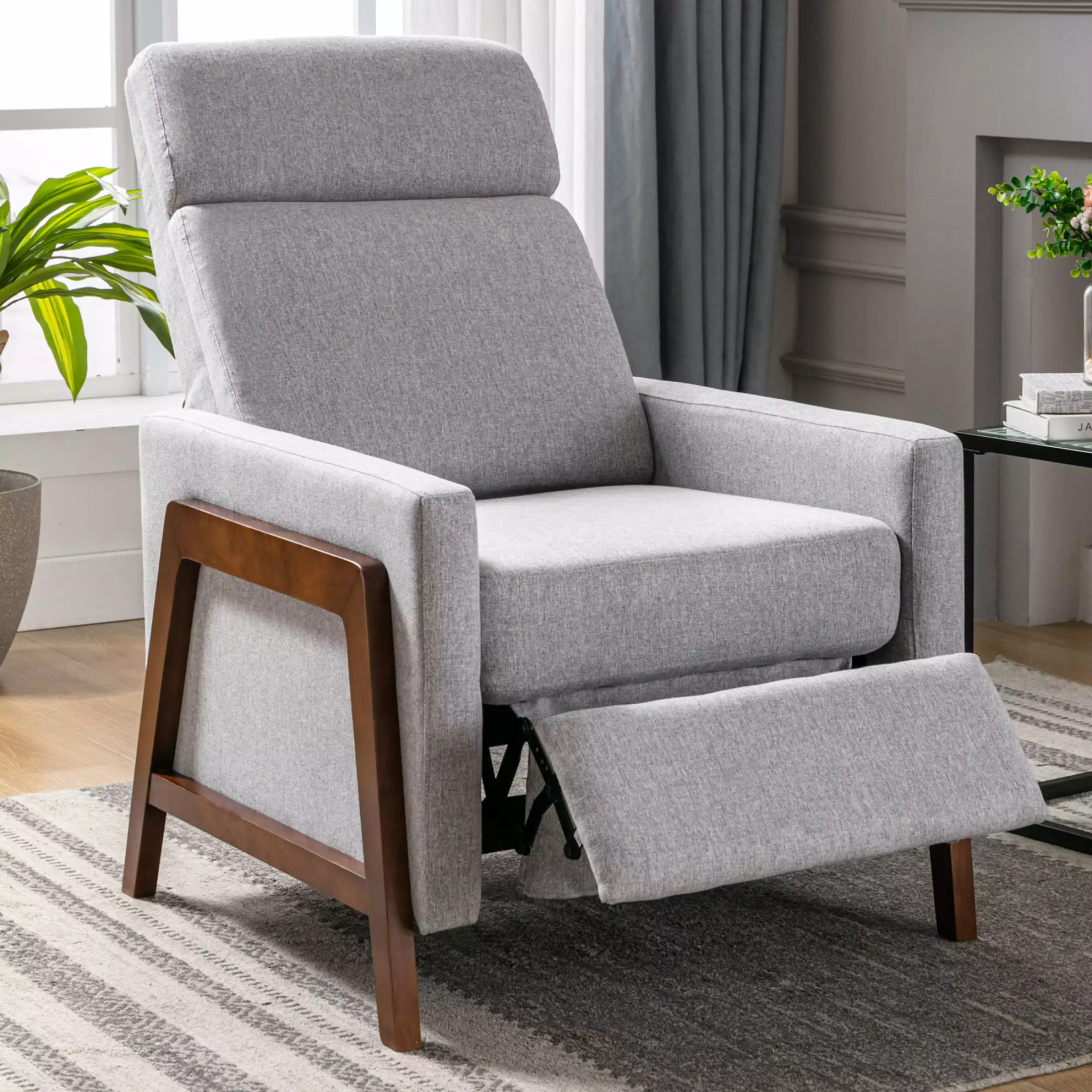 Miekor Furniture Wood-Framed Upholstered Recliner Chair Thick Cushion Home Theater Gray