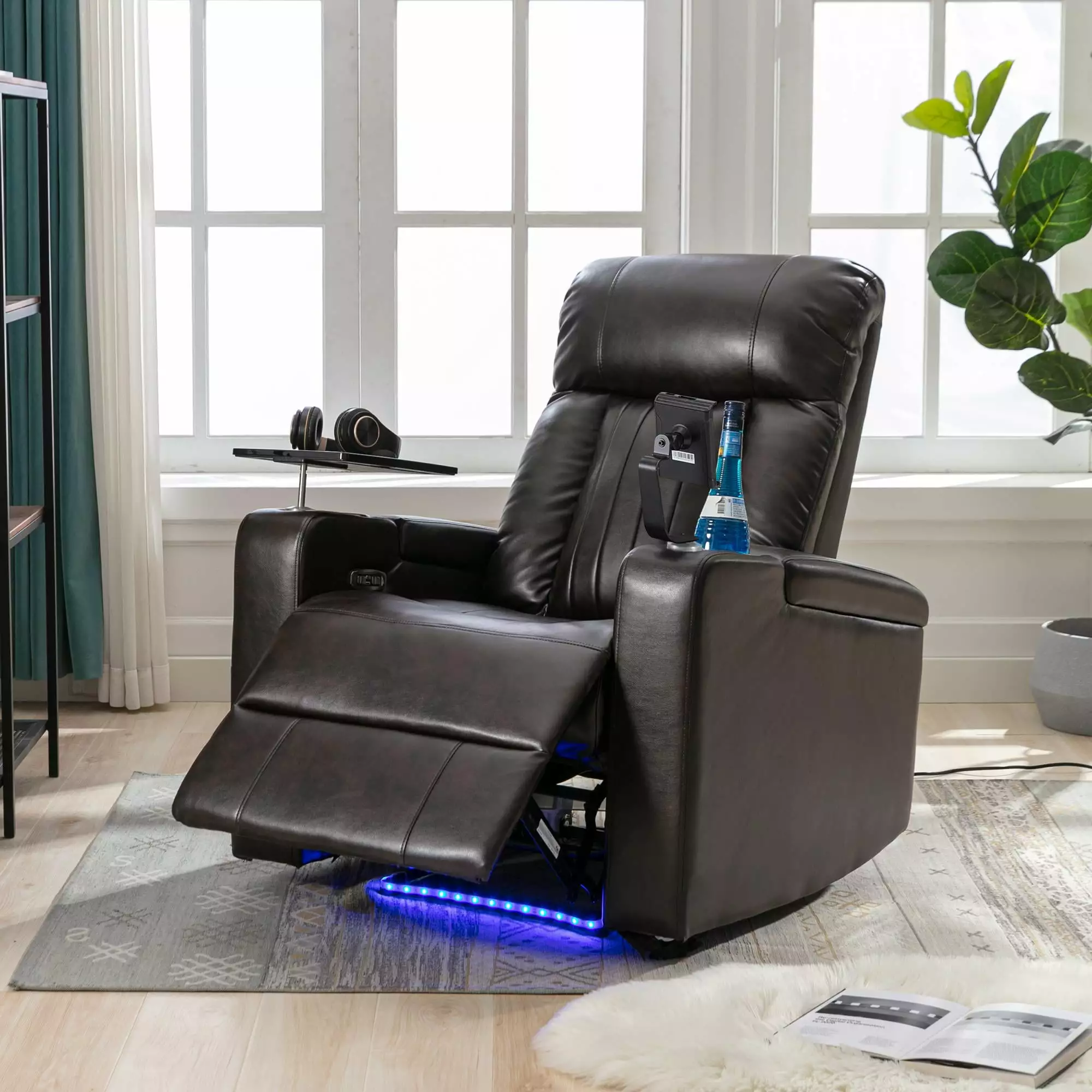 UBesGoo Power Motion Recliner USB Port and 360° Swivel Tray - Home Theater Seating Cup Holders and Phone Stand Brown