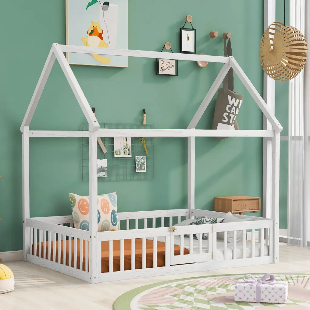 Full Size Wood House Bed Fence and Door White Wash White Pine wm store