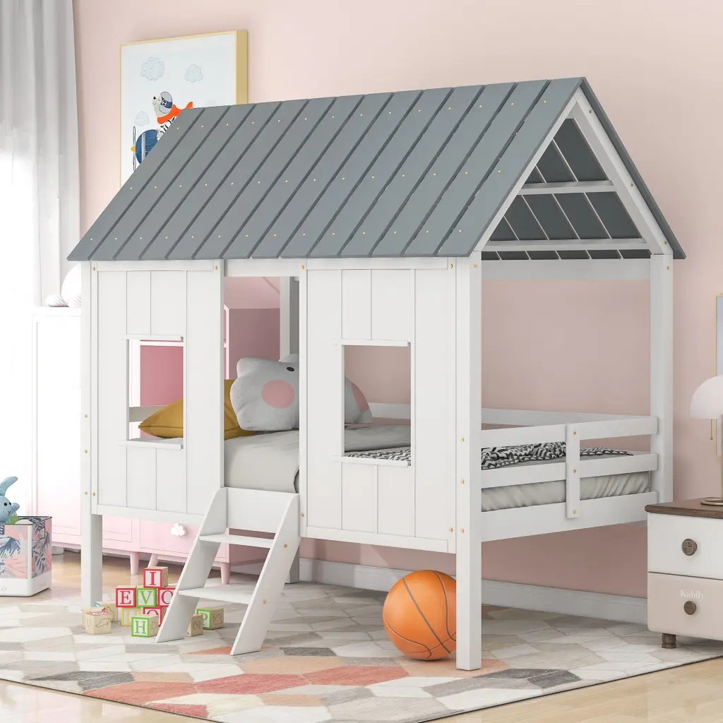 Twin Size Low Loft House Bed Roof And Two Front Windows White Kids Bed wm store