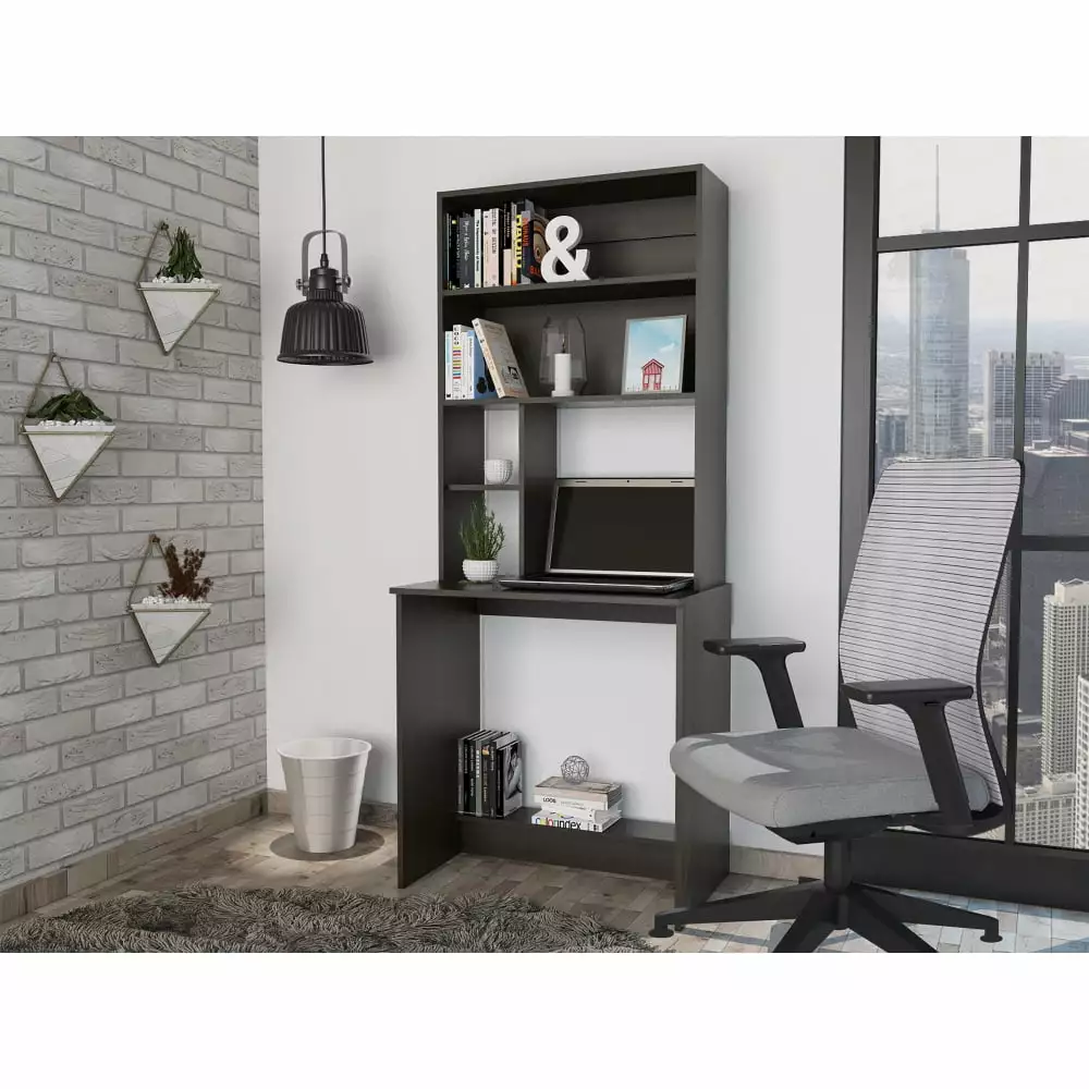 DeeHome Compu Hutch Desk Four Shelves Writing Desk Black