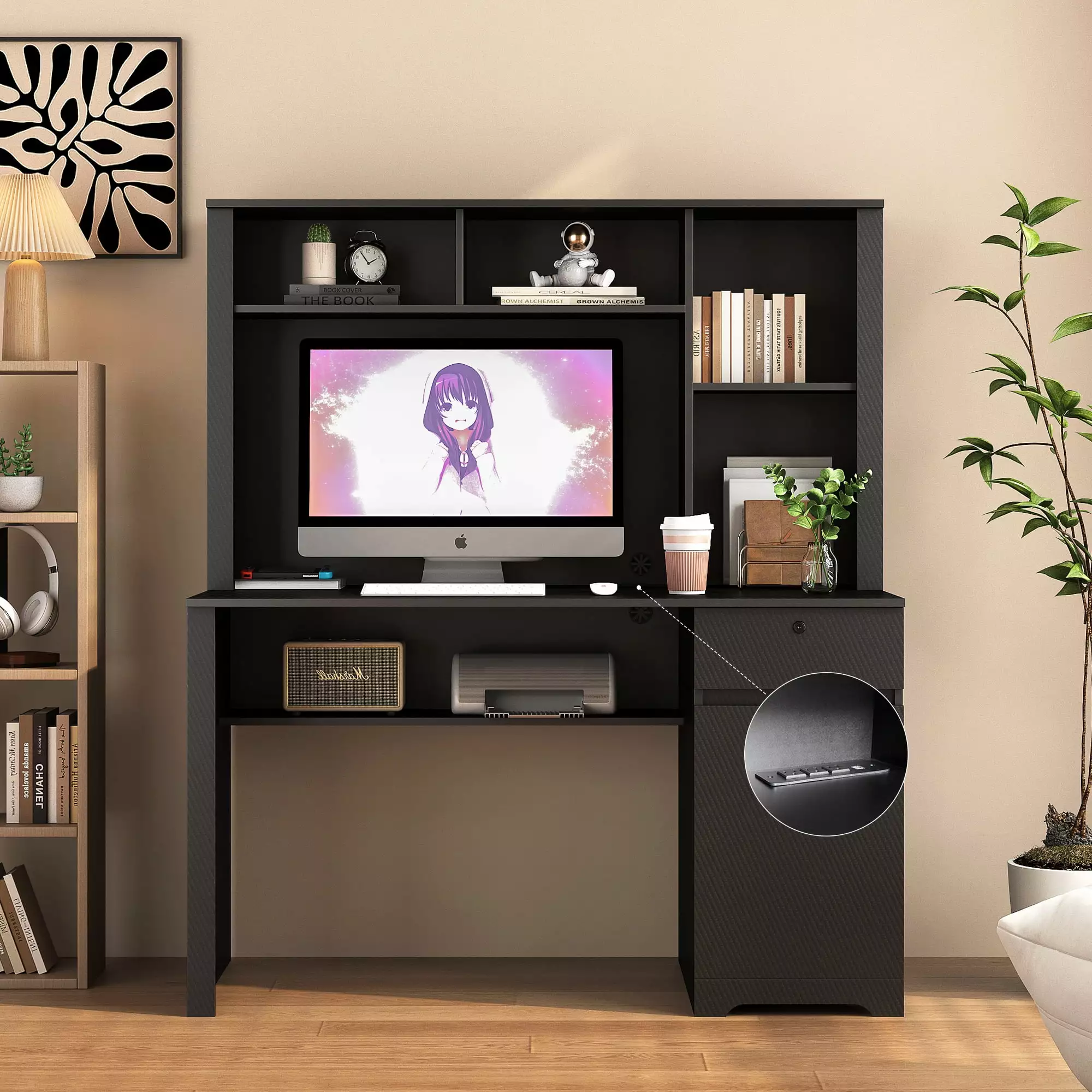 ETEPON Hutch Computer Desk Shelves and Drawers Wooden Home Office Laptop Desk 3 AC Outlets and 2 USB Charging Ports Black