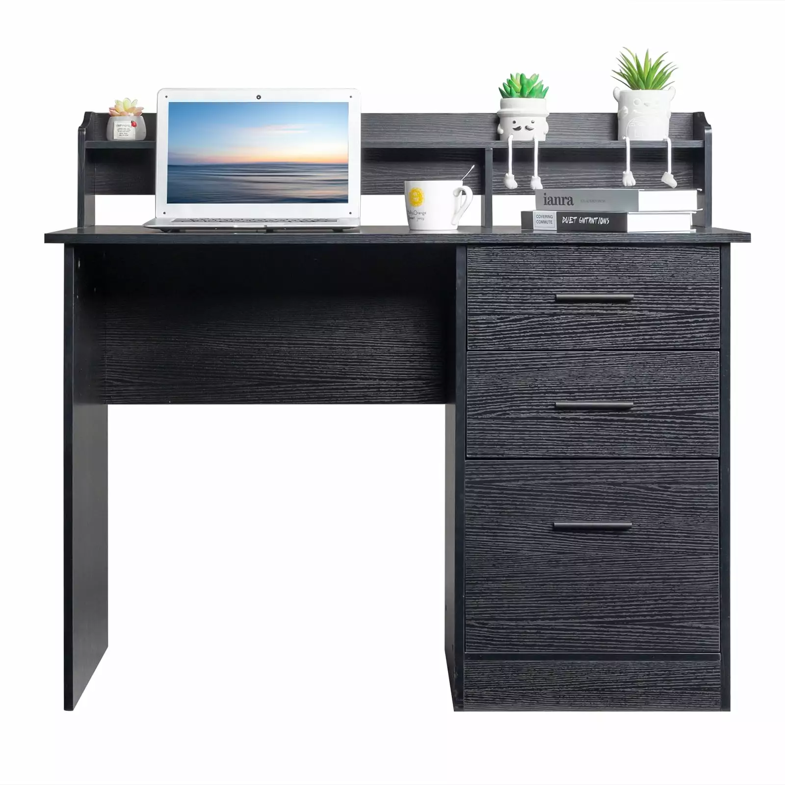Winado Black Computer Desk Drawers Desktop Hutch - Modern Work Study Gaming Writing Desk FCH