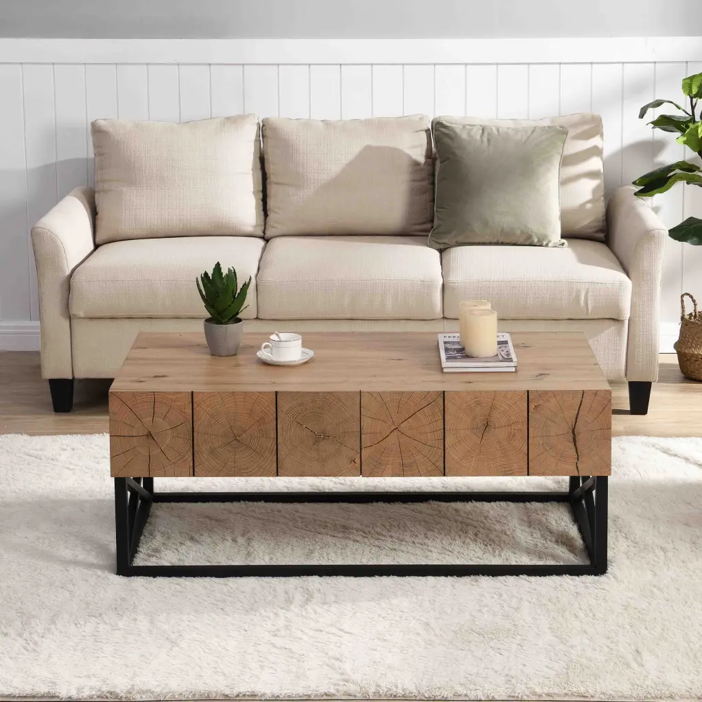 43.31 Inch Premium Coffee Table Two Drawers Industrial Style Living Room Table ghn