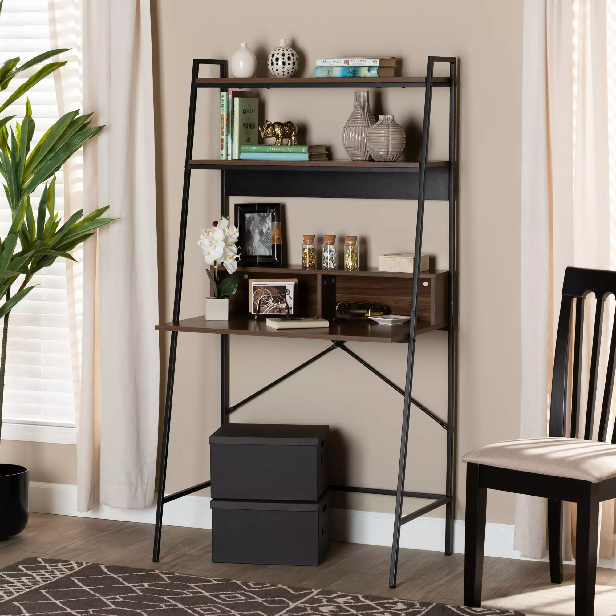 Baxton Studio Palmira Modern Industrial Walnut Brown Finished Wood and Black Metal Desk Shelves