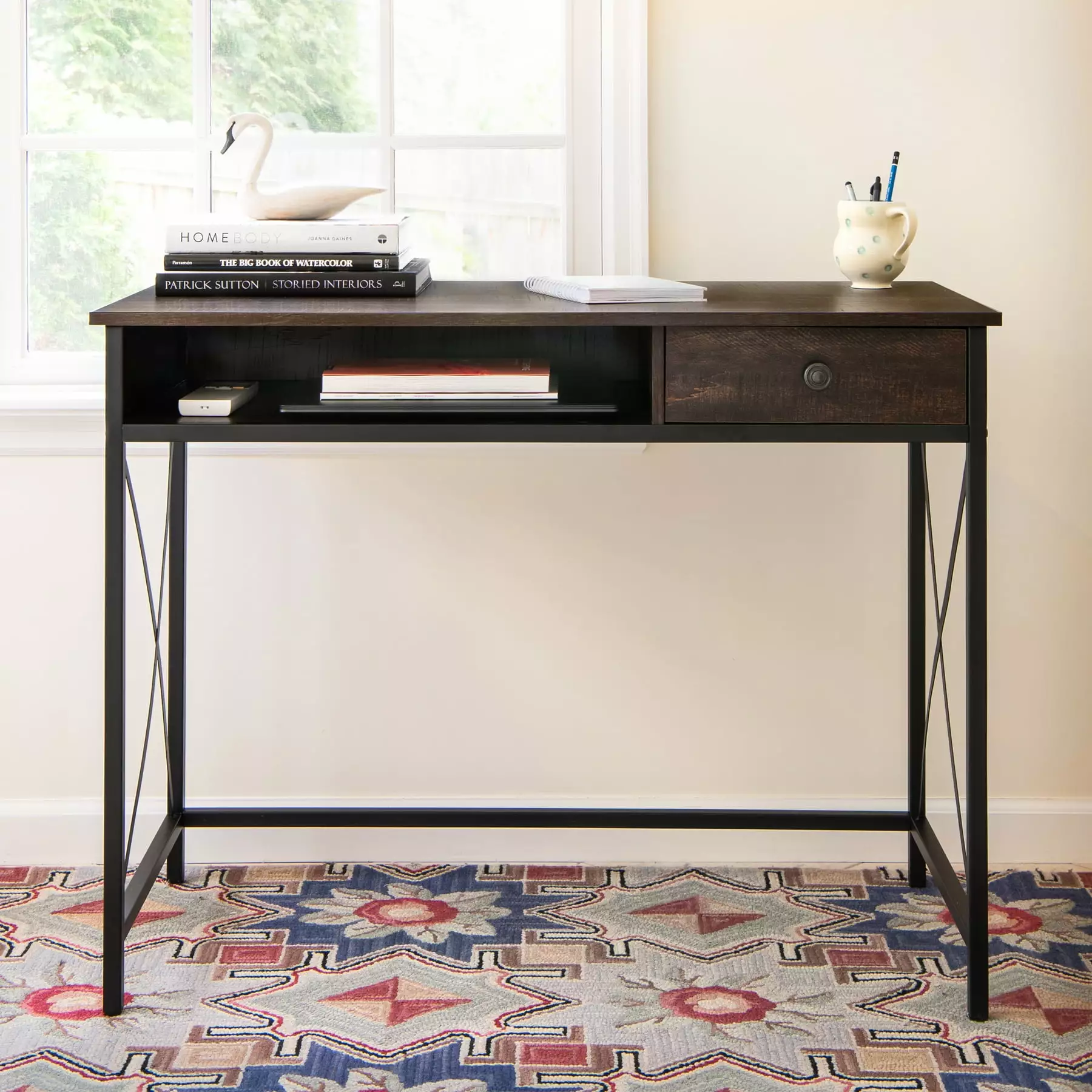 DecorTech Industrial Metal and Wood 30 H Writing Desk Walnut Finish