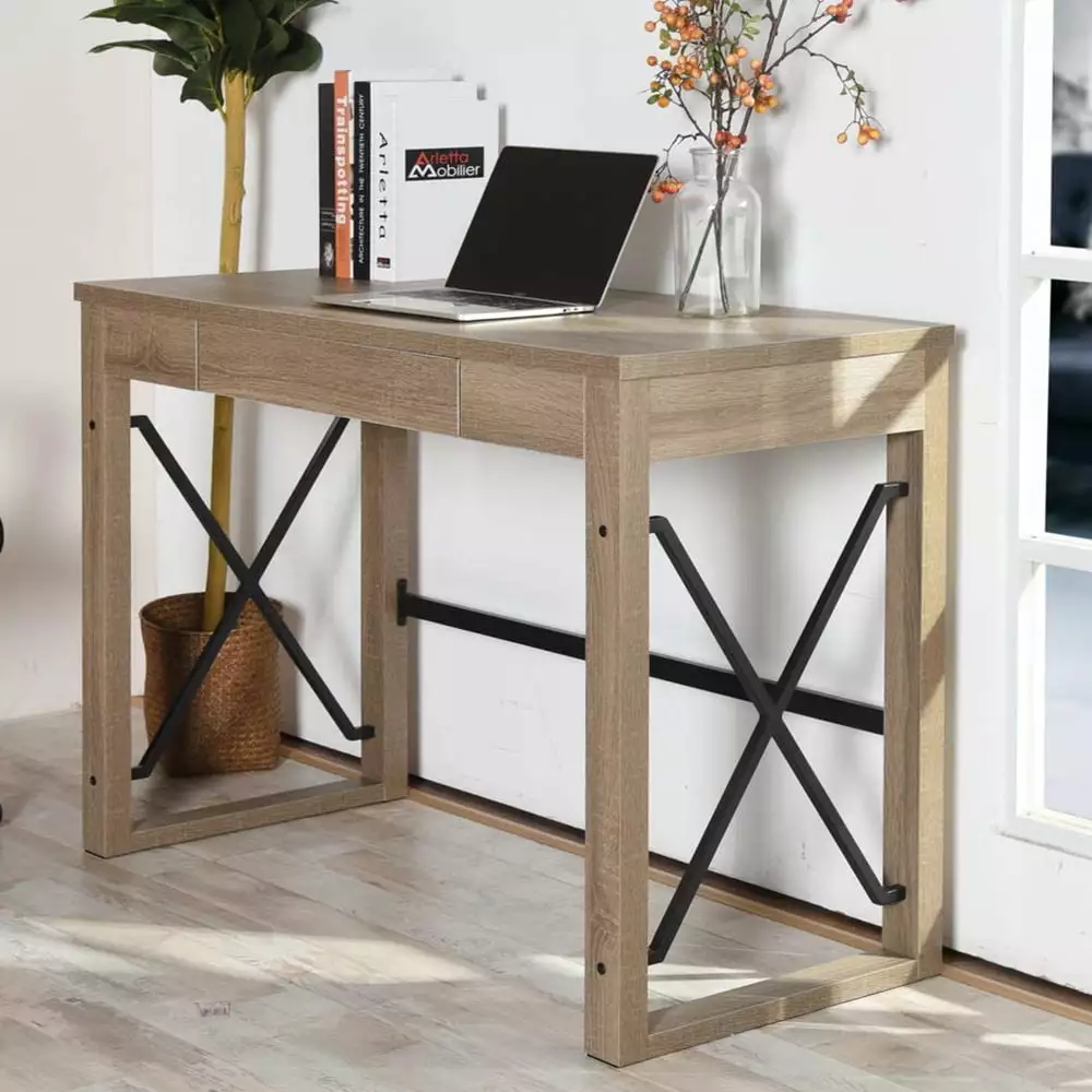 FurnitureR 44 Home Office Desk Solid Wood and Metal Modern Industrial Writing Table Workstation
