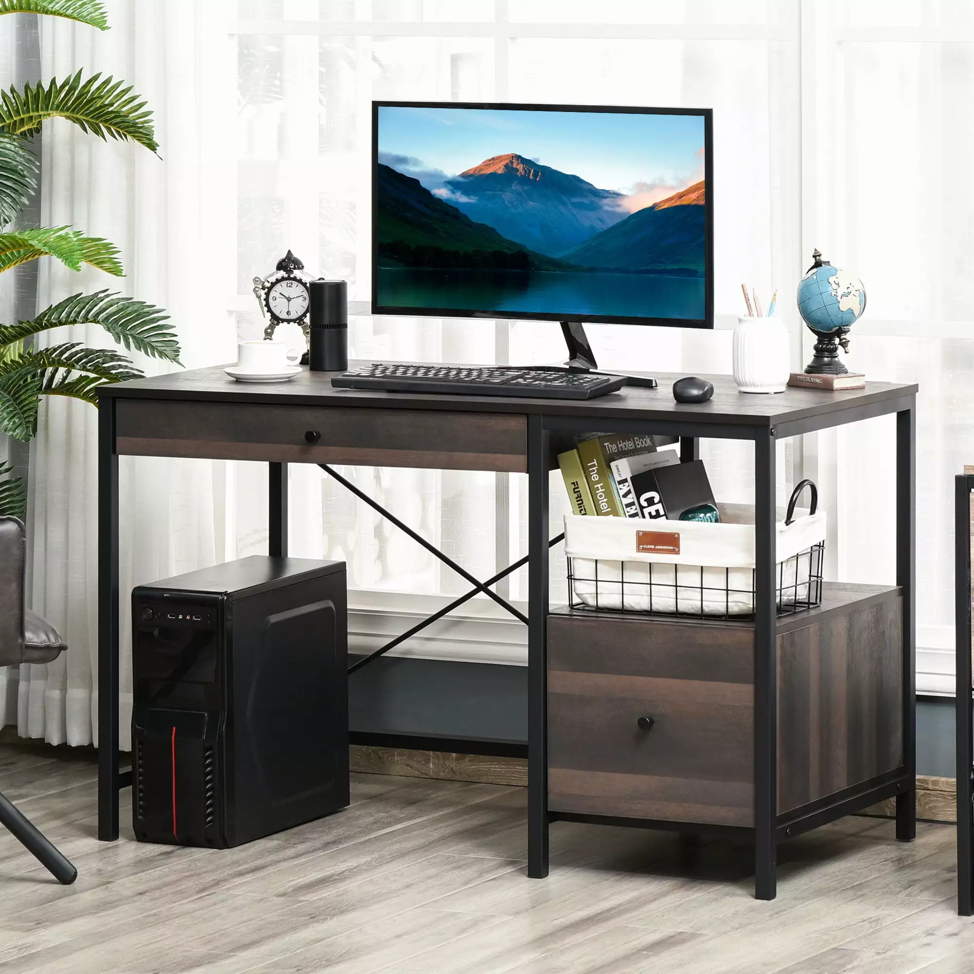 HomCom Industrial Style Home Office Desk Filing Cabinet Storage Drawer - Black Walnut