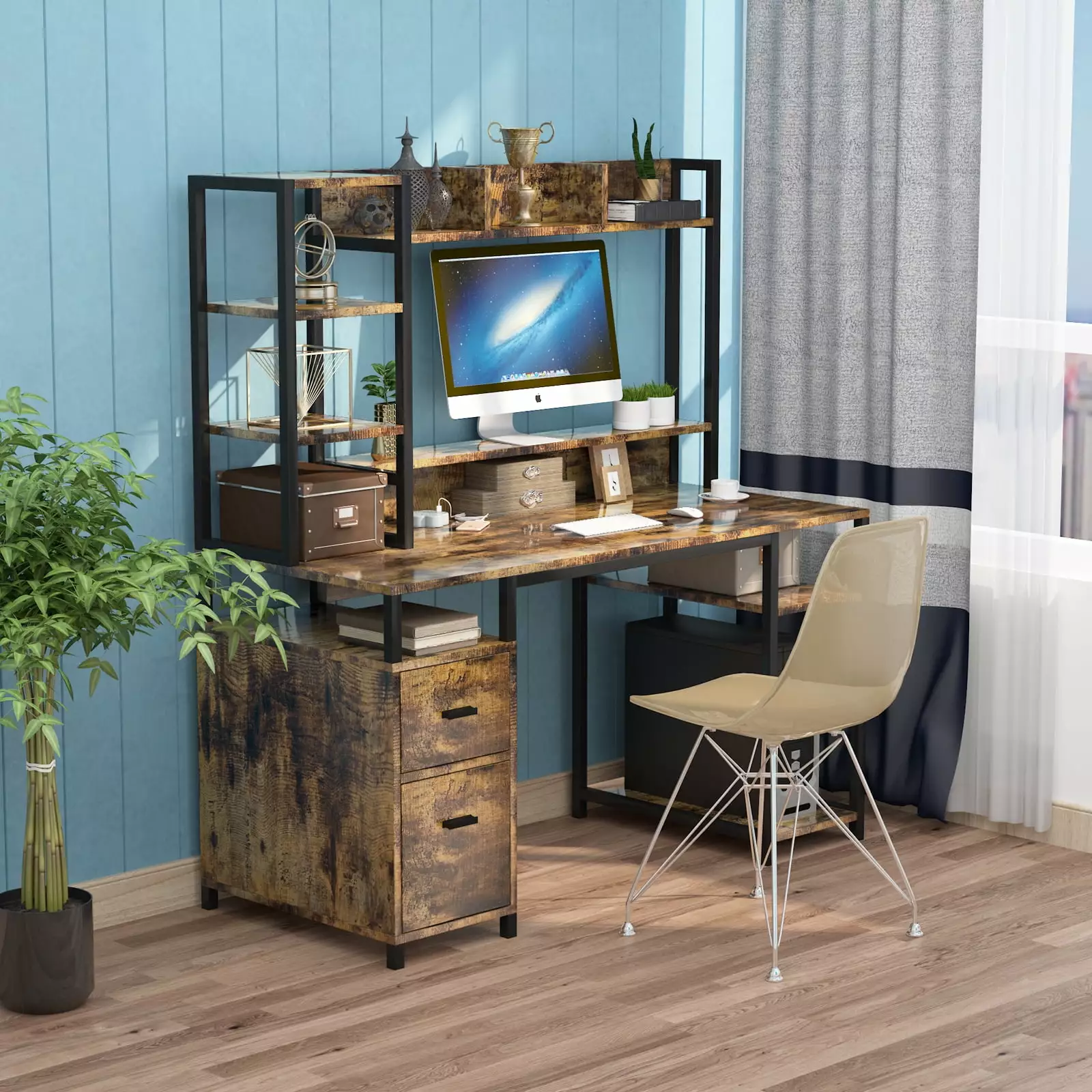 65 Inch Industrial Computer Desk Hutch, Storage Shelf, and Monitor Stand HSOZPTRY