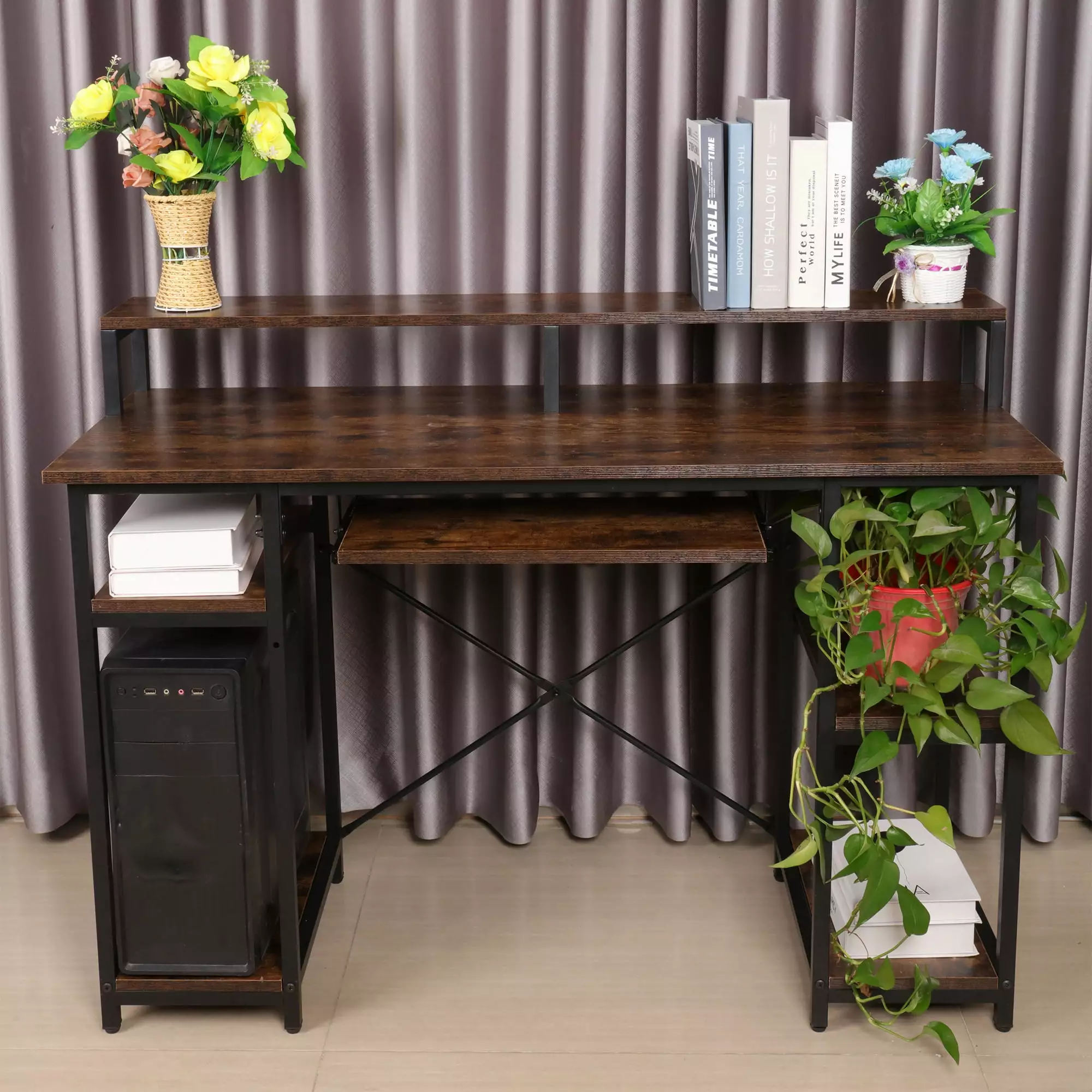 LELINTA Industrial Computer Desk 46 Home Office Desk Storage Shelves Vintage Brown