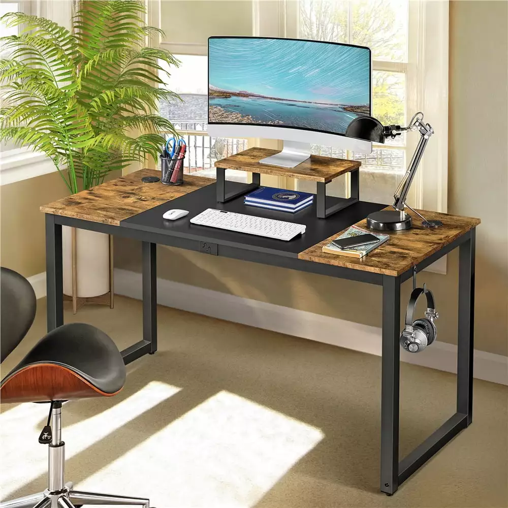 Renwick 55-inch Industrial Computer Desk Monitor Stand Rustic Brown Black