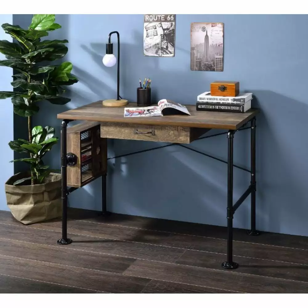 Tcbosik Industrial Computer Desk 3-Tiers Side Bookshelf Metal Frame Oak