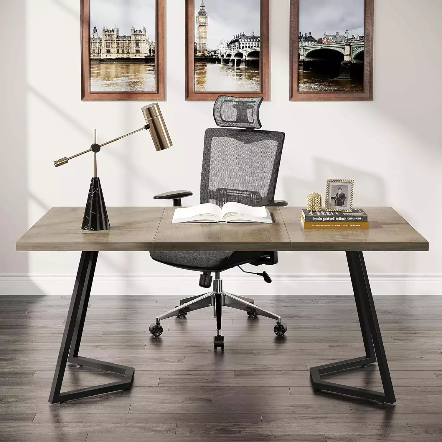 Tribesigns Home Office Computer Desk 55 Inches Grey Industrial Computer Desk Metal Legs Wood Study Writing Table
