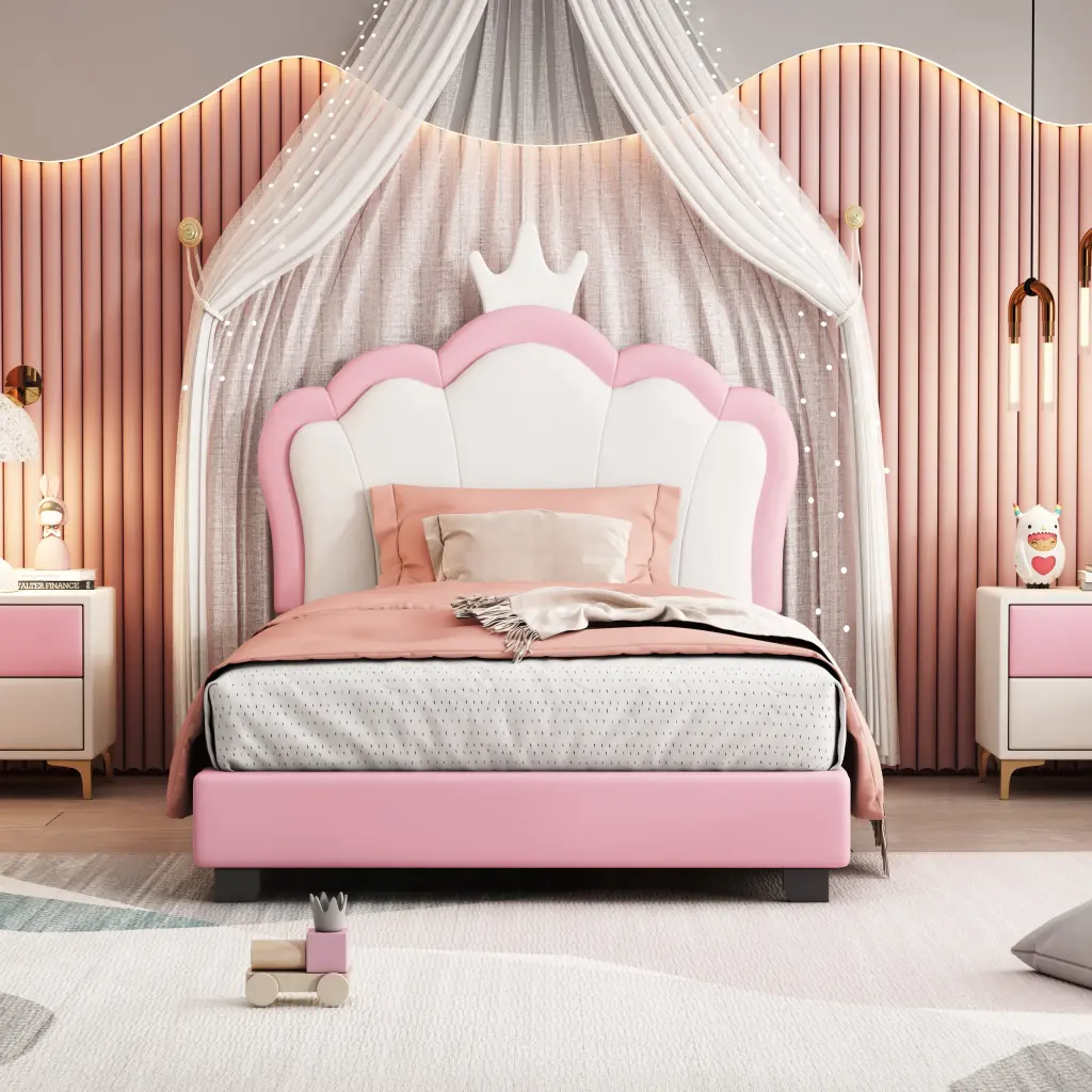 Twin Size Upholstered Princess Bed Crown Headboard homey life
