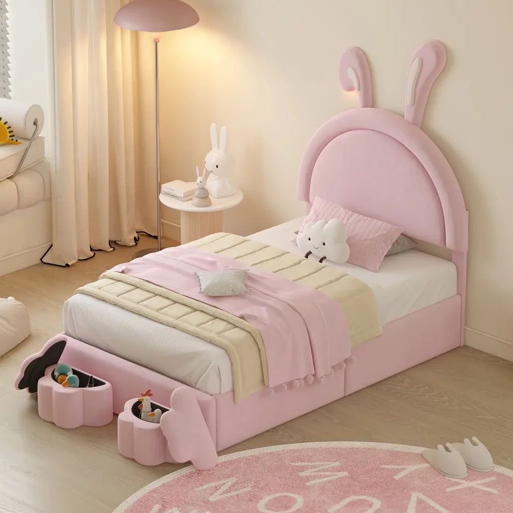 Twin Size Upholstered Rabbit Design Bed 2 Storage Stools Velvet homey life