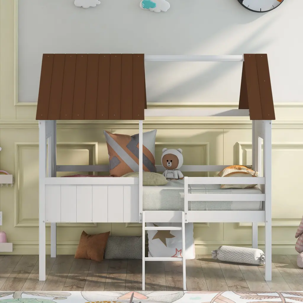 Twin Size Low Loft Wood House Bed Two Side Windows White Brown lucky furniture