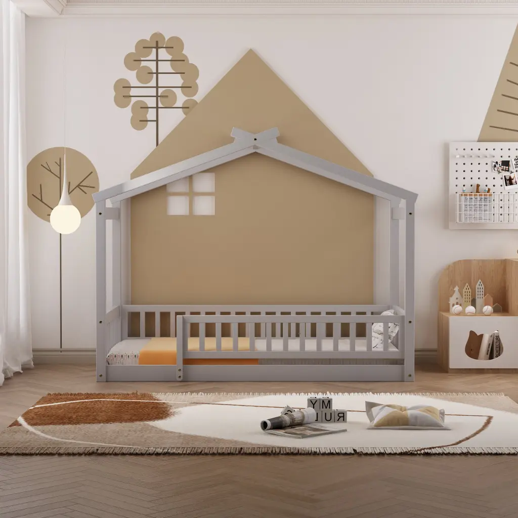 Twin Size Wood Bed Frame Fence Kids Teens Girls Boys lucky furniture