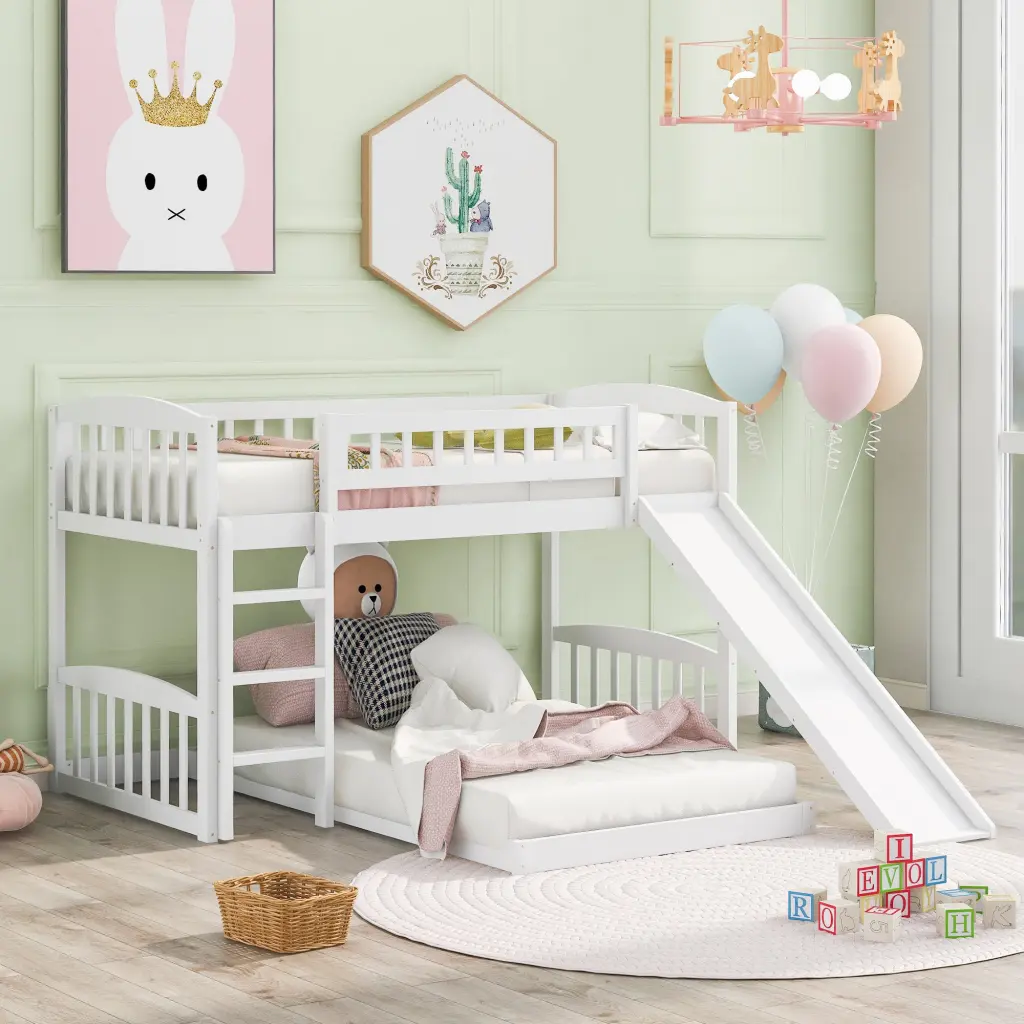 Twin Over Twin Bunk Bed Slide and Ladder White Kids Bedroom Furniture lucky furniture