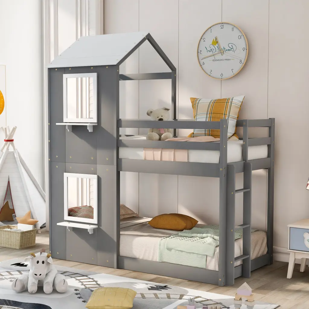 Twin Over Twin Bunk Bed Wood Bed Roof Window Guardrail and Ladder Kids lucky furniture