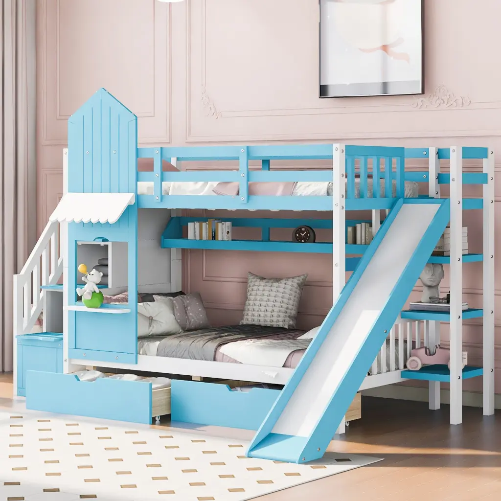 Twin Over Twin Castle Style Bunk Bed 2 Drawers 3 Shelves And Slide lucky furniture