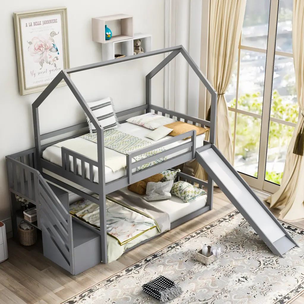 Twin Over Twin Bunk Bed Convertible Slide Storage Staircase wm store