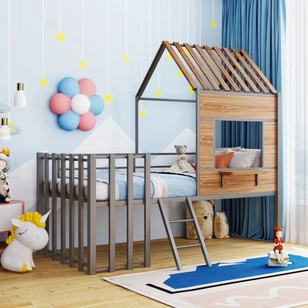 Metal Twin Size Loft Bed Roof Window Guardrail Ladder Silver Space Saving Kids Bed lucky furniture