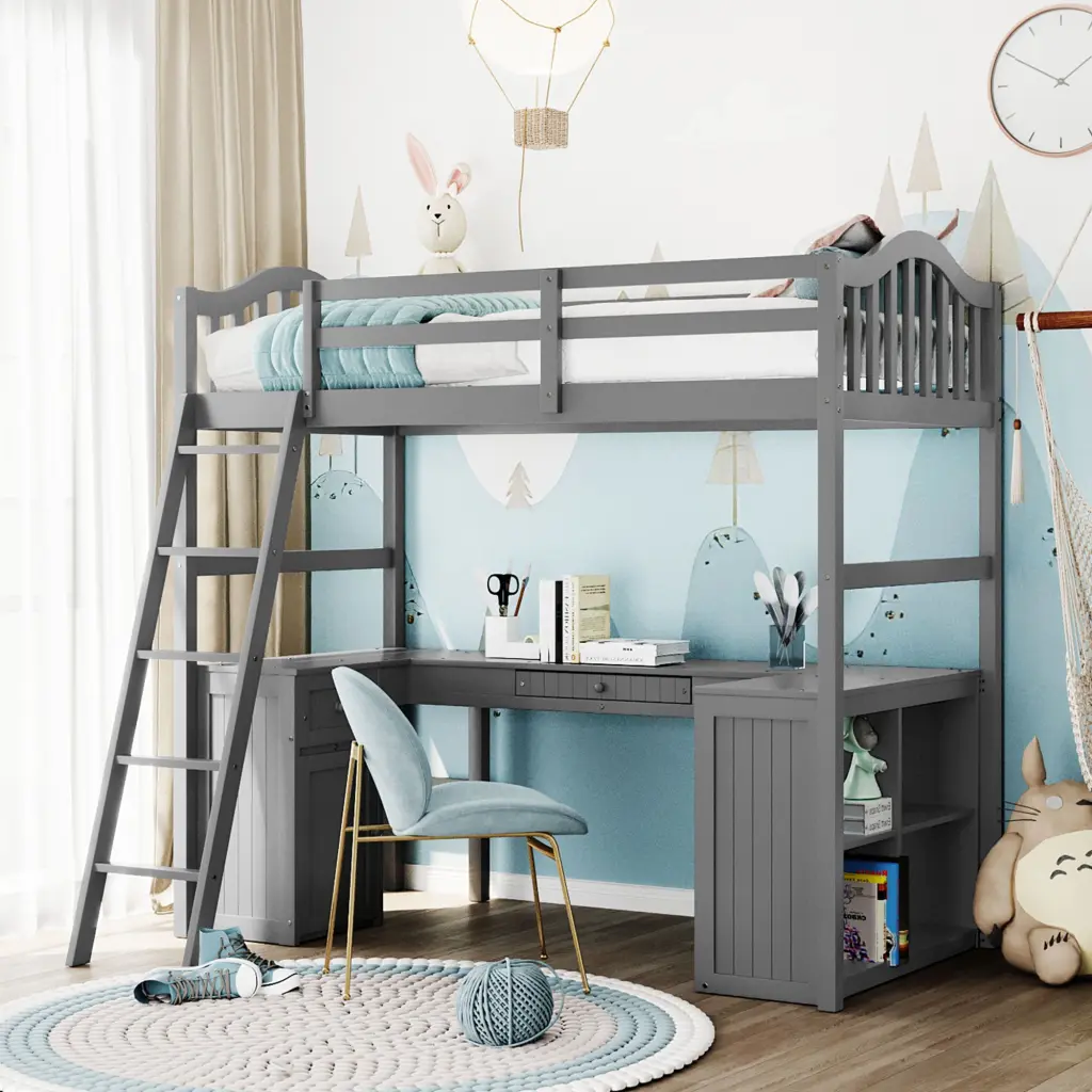Twin Size Loft Bed Drawers Cabinet Shelves And Desk Wooden Loft Bed Kids Teens lucky furniture