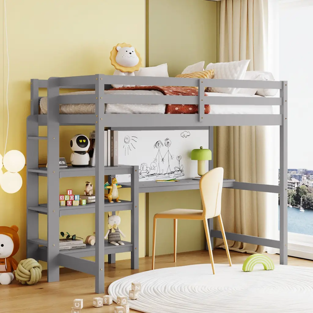 Twin Size Wooden Loft Bed Shelves Desk And Writing Board Gray lucky furniture
