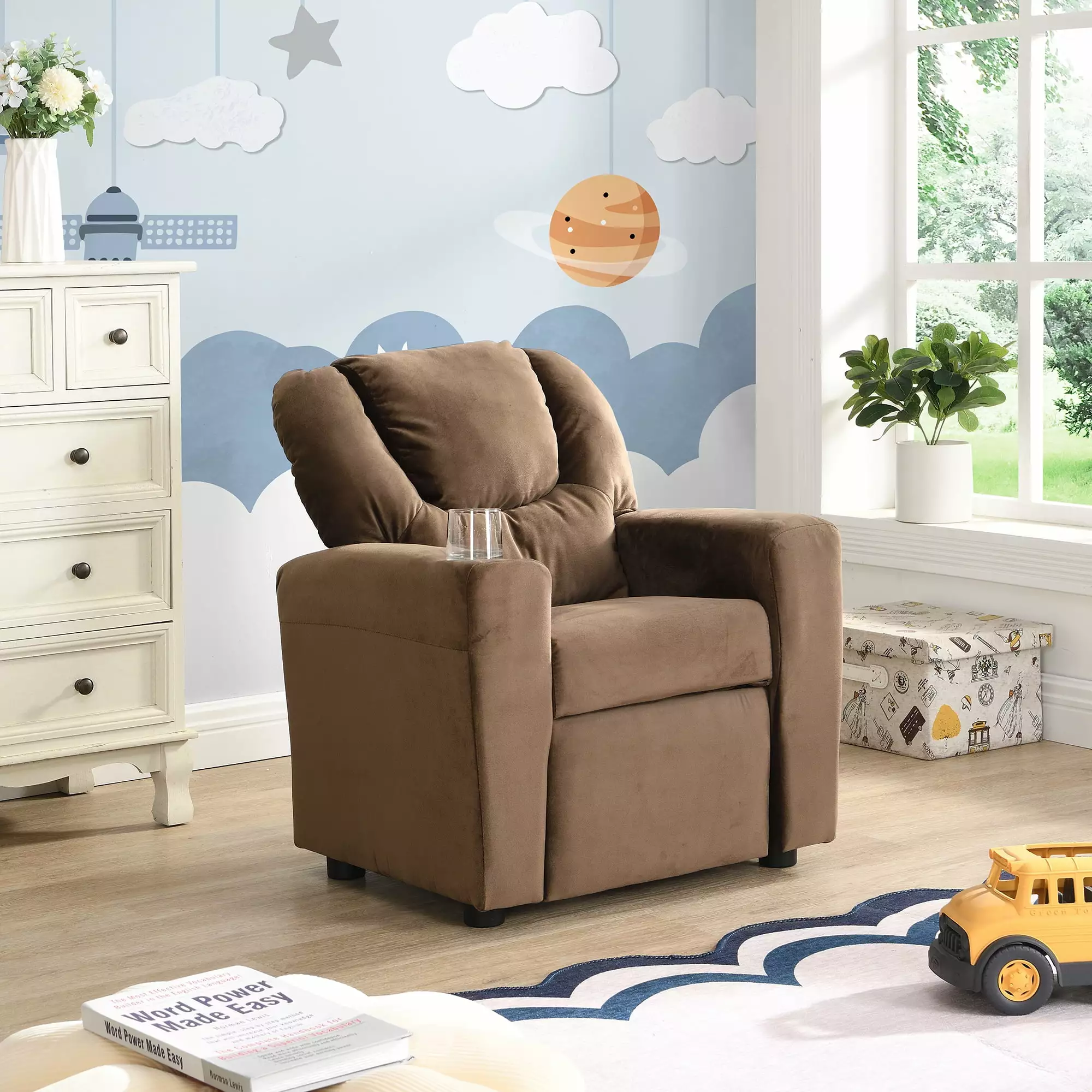 DeeHome Kids Recliner Chair Kids Upholstered Couch One Cup Holder Footrest Backrest Toddlers Velvet Recliner Headrest and ...