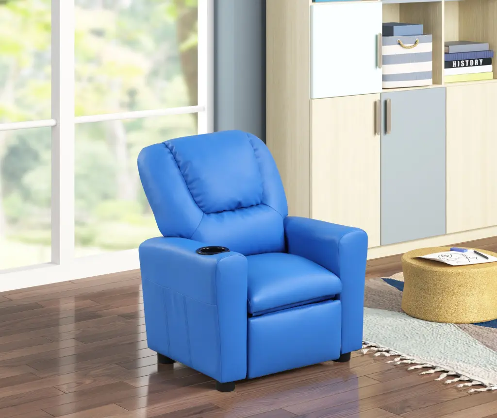Marisa 22 Inch Blue PU Leather Kids Recliner Chair Cup Holder lilola home