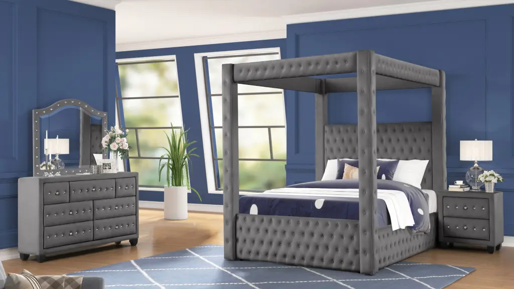 Monica Opulent Four Poster King 4 Pc Bedroom Set Made Wood galaxy home furnishings