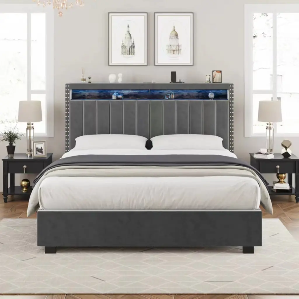 Premium Gas Lift Storage Bed LED Lights and Storage Headboard King Size aobang furniture