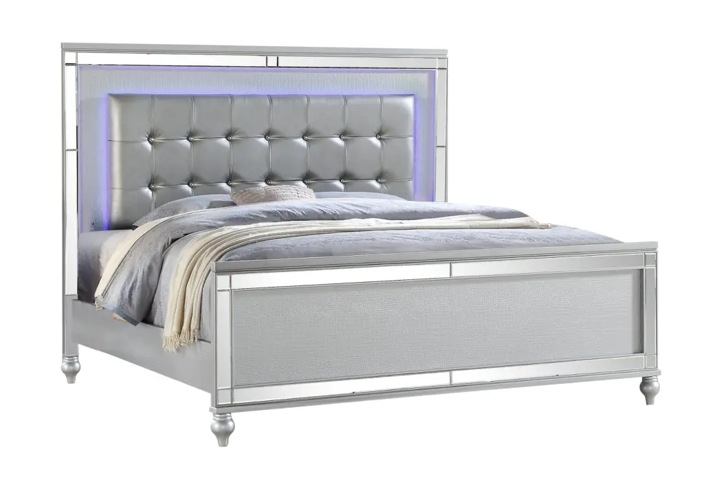 Sterling King Size Upholstered LED Bed Made Wood Silver Color galaxy home furnishings