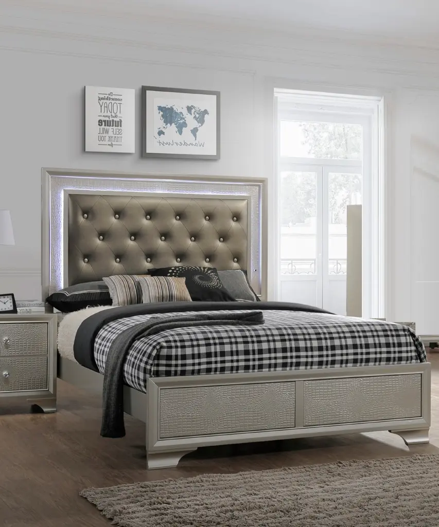 Modern Champagne Crocodile Skin Finish Upholstered 1Pc King Size LED Platform Bed Luxury Bed Frame kanepe