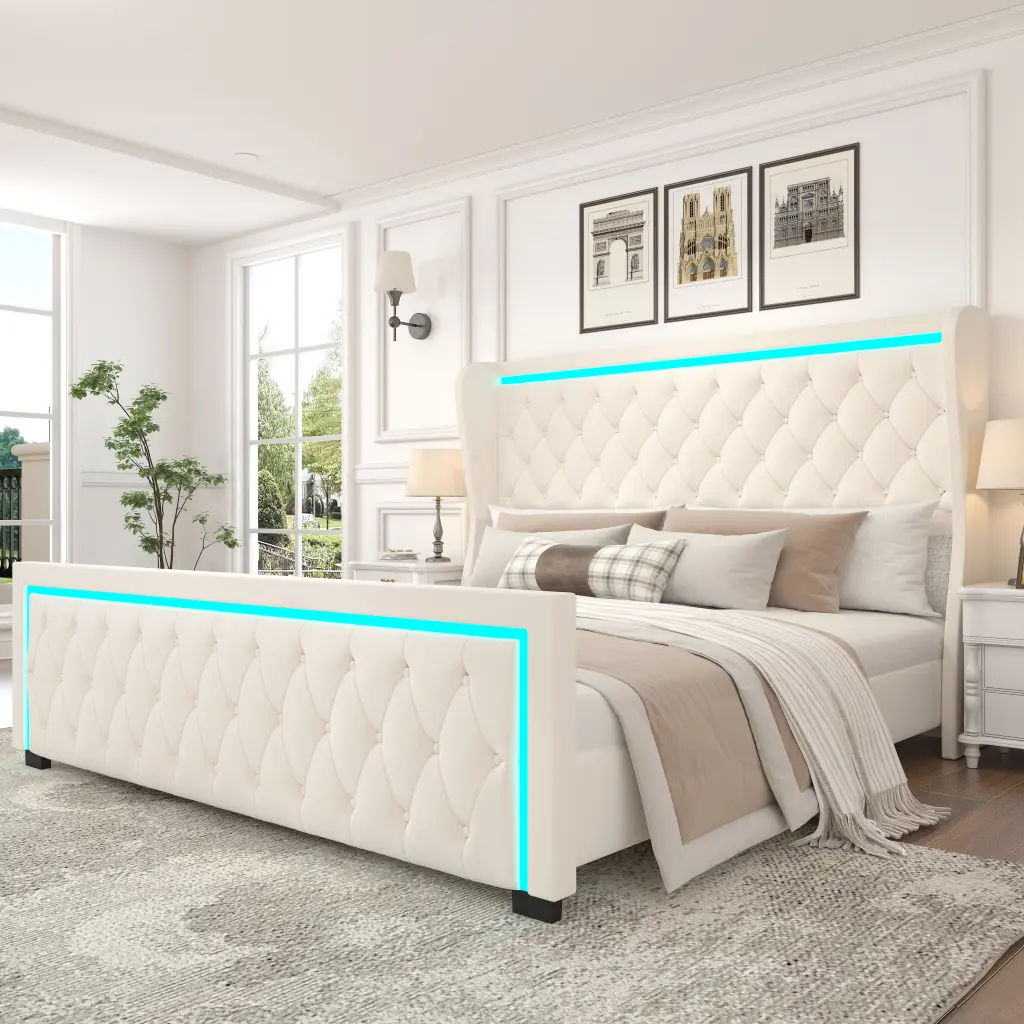 King Platform Bed Frame Velvet Upholstery Deep Tufted Buttons welike furniture